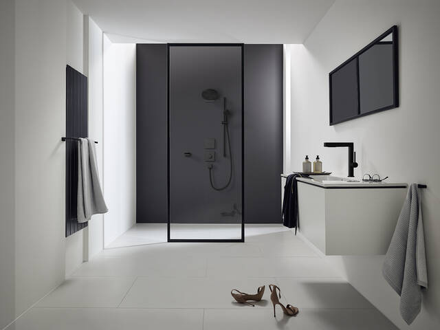 具有摩登黑表面的龙头和花洒。