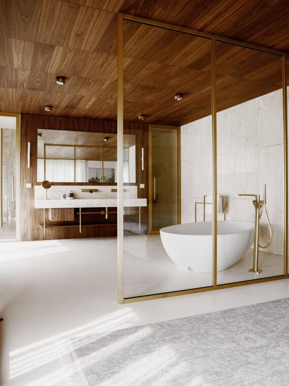 套间浴室——采用黄铜包框的玻璃墙体作为隔断。