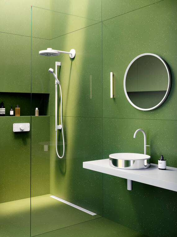 Barber & Osgerby 的雅生天际线 Skyline 浴室设计：采用雅生 One、雅生 One 花洒、雅生圆形通用配件 和雅生 面盆系列