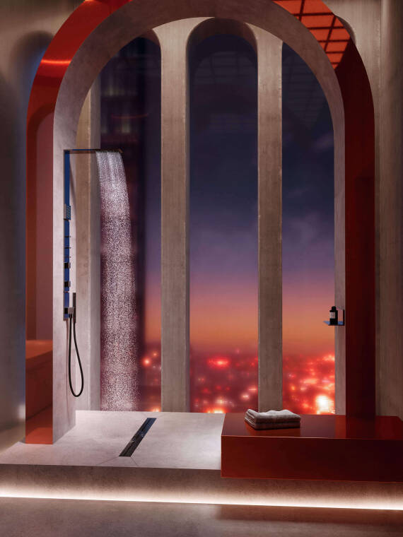 Masquespacio 雅生浴室设计理念“乌托邦之梦”配有抛光黑铬色饰面的雅生 ShowerComposition 系列产品