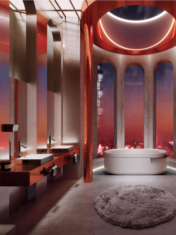 Masquespacios 浴室方案采用雅生 ShowerComposition、雅生 Suite Basins & Bathtub、雅生 Drain 和雅生斯达克系列