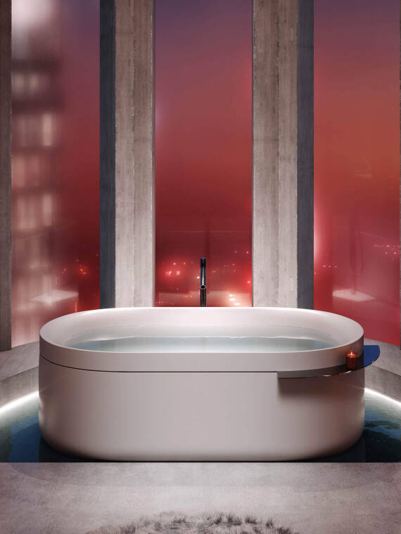 Masquespacio 雅生浴室设计理念“乌托邦之梦”配有雅生 浴缸系列和抛光黑铬色置物架