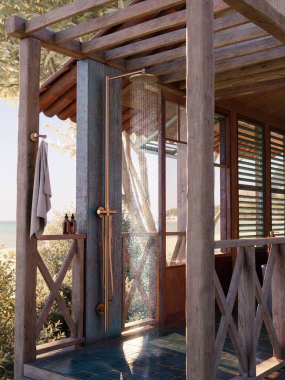 工作中的雅生斯达克自然淋浴柱，采用拉丝古铜精制而成。