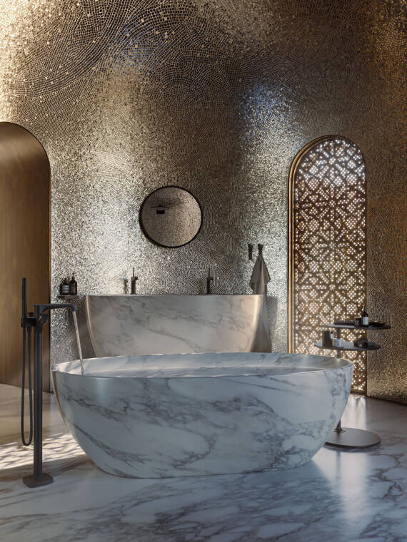 配有雅生奇特里奥 E 系列产品的 Hadi Teherani 浴室方案的照片。