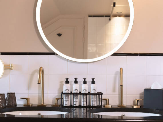 具有拉丝古铜色 FinishPlus 表面的两个雅生奇特里奥 M 面盆龙头的特写