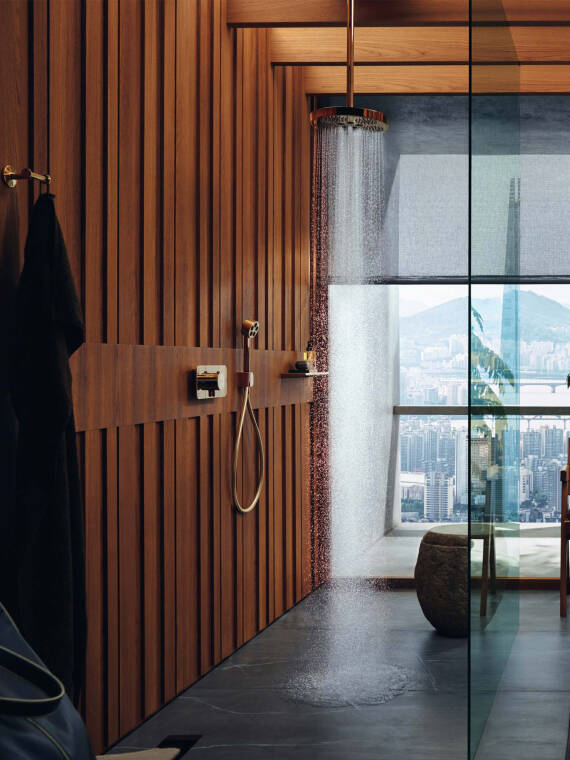 配有加长花洒臂的奢华金款头顶花洒。