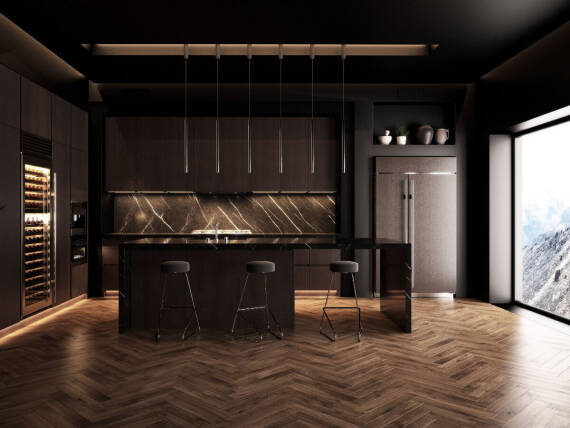 Eat-in kitchen in chocolate tones with large refrigerator and seating.