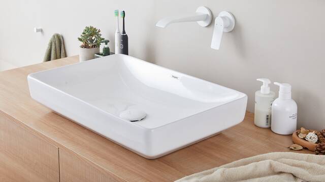 闻汐台上盆搭配前卫白表面Vivenis 薇怡斯墙出单把手龙头