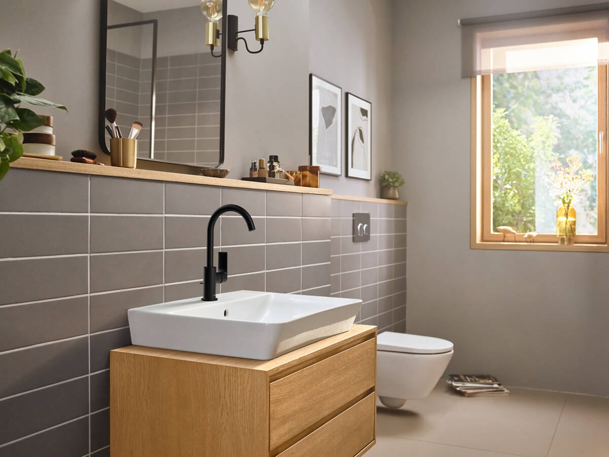 Rebris E 旋转式龙头，舒适区域高度 210。