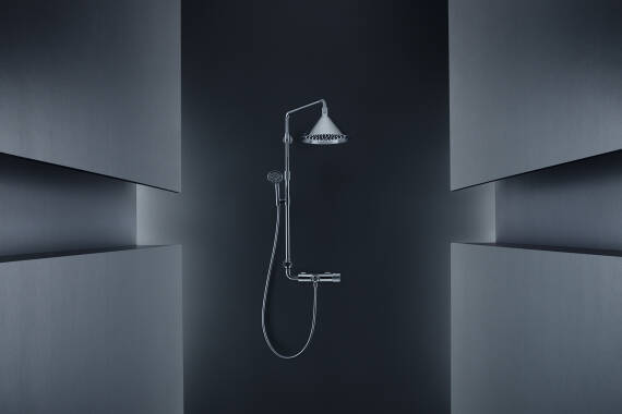 AXOR two-jet Showerpipe with thermostat and overhead shower.