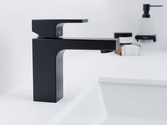 几何造型的Vernis 福涅斯Shape 面盆龙头，摩登黑。