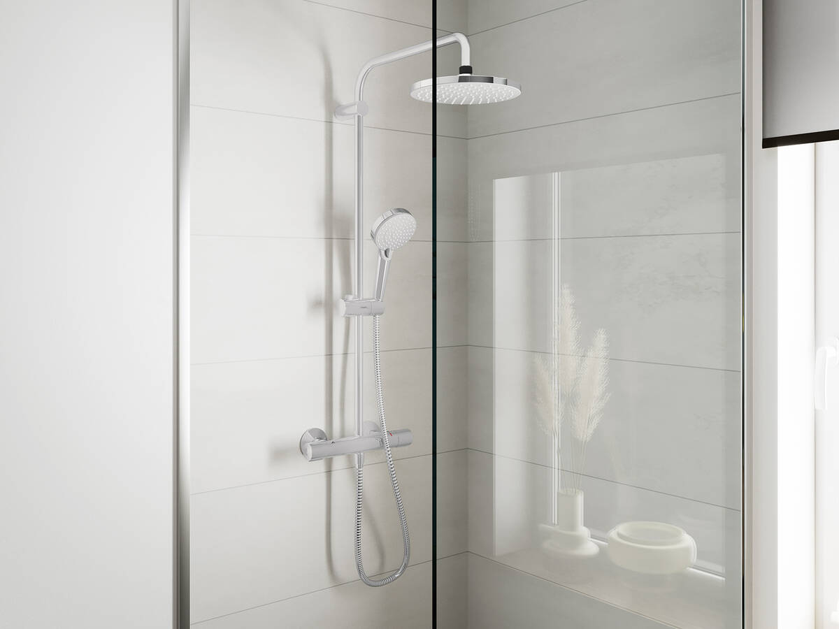 带有头顶花洒和体位花洒的汉斯格雅淋浴管。