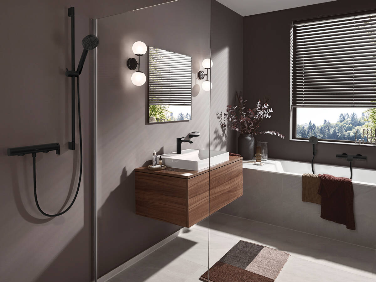 整个浴室中的 Vivenis 摩登黑 FinishPlus。