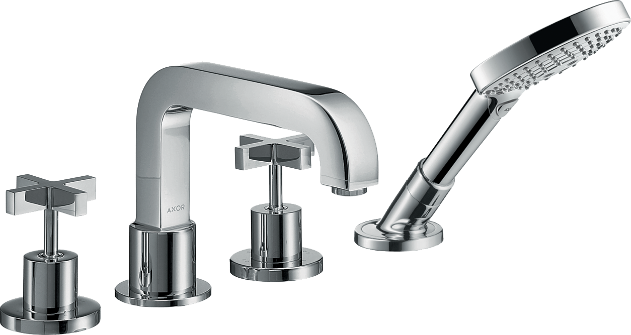 四孔翻边安装浴缸龙头，带十字把手和装饰盖