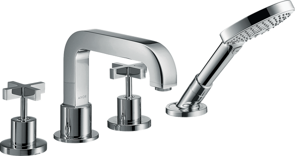 四孔翻边安装浴缸龙头，带十字把手和装饰盖