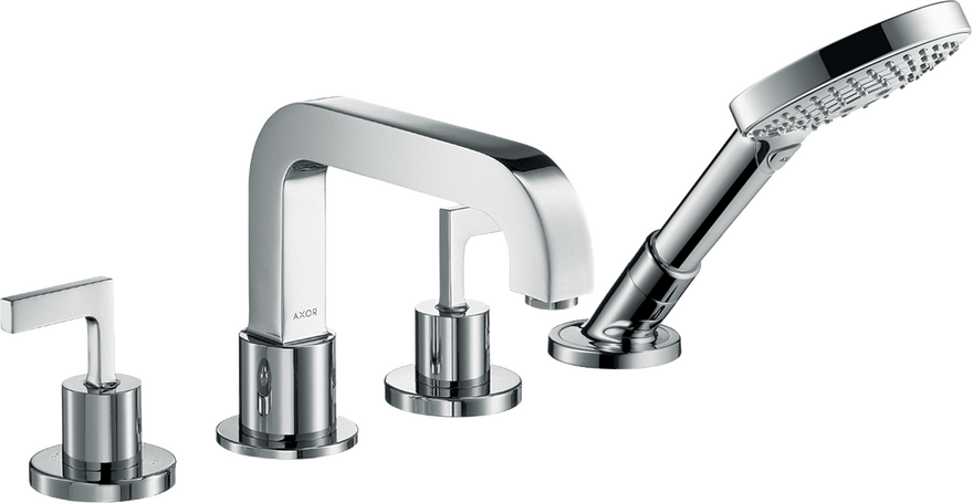 四孔翻边安装浴缸龙头，带一字把手和装饰盖