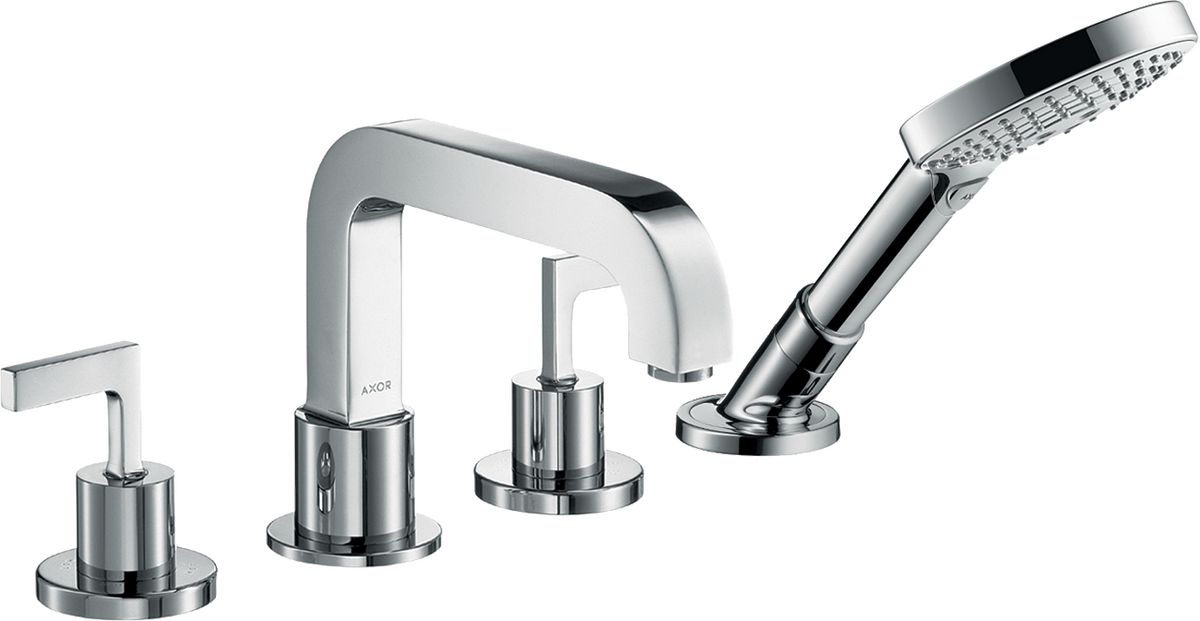 四孔翻边安装浴缸龙头，带一字把手和装饰盖