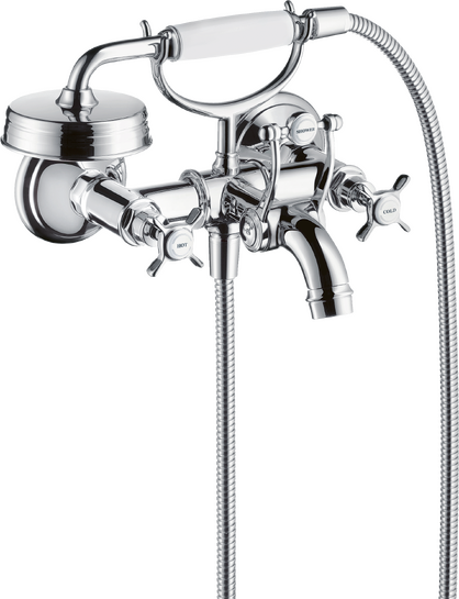 明装墙出水双把手浴缸龙头，带十字把手