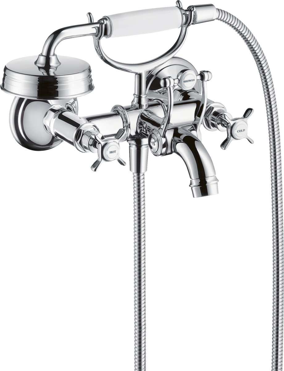 明装墙出水双把手浴缸龙头，带十字把手