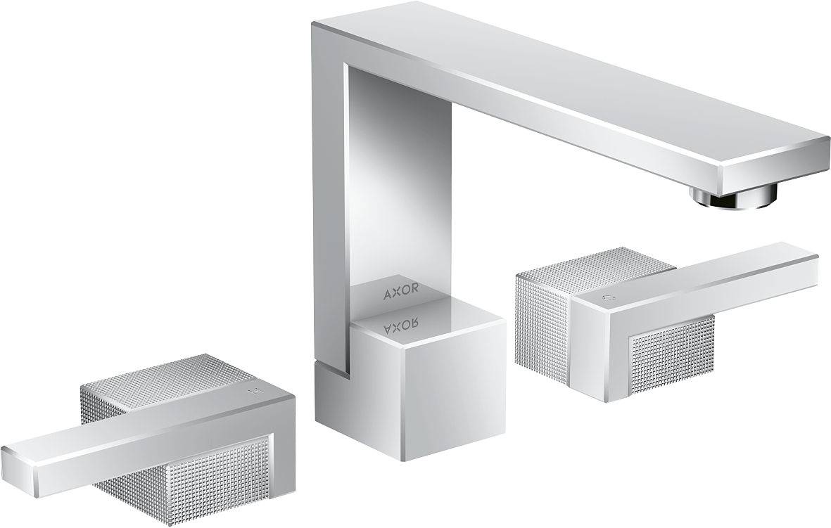 三孔面盆龙头130，带按压落水套件 钻石切割版本