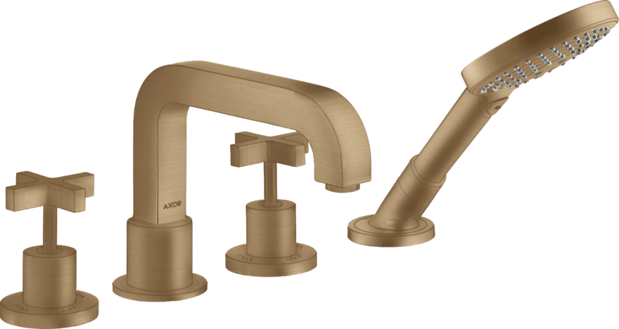 四孔翻边安装浴缸龙头，带十字把手和装饰盖