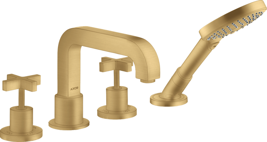 四孔翻边安装浴缸龙头，带十字把手和装饰盖