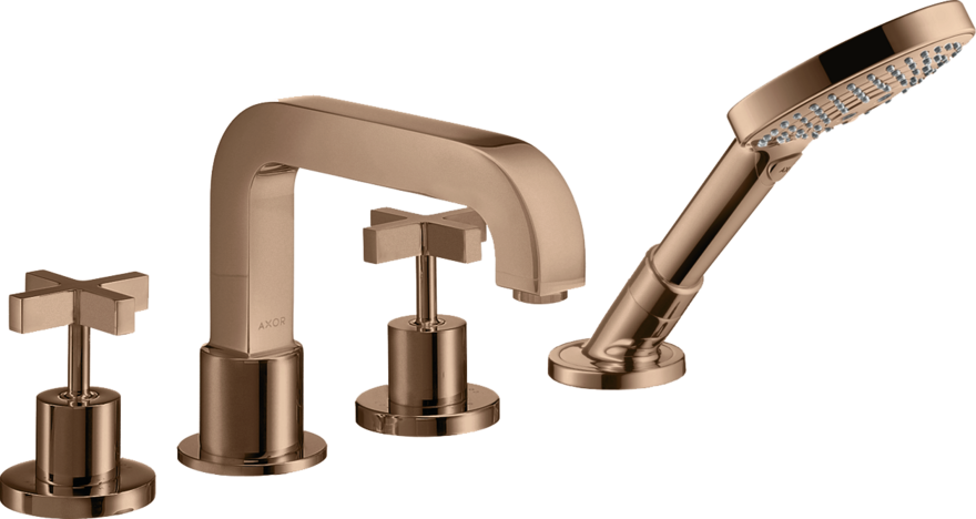 四孔翻边安装浴缸龙头，带十字把手和装饰盖