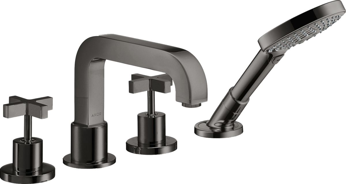 四孔翻边安装浴缸龙头，带十字把手和装饰盖