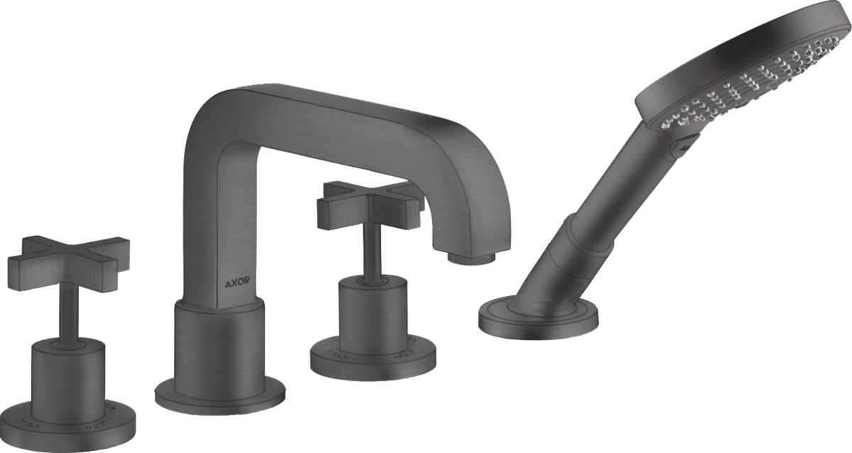 四孔翻边安装浴缸龙头，带十字把手和装饰盖