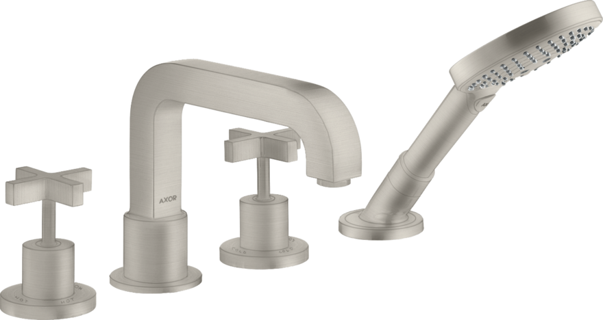 四孔翻边安装浴缸龙头，带十字把手和装饰盖