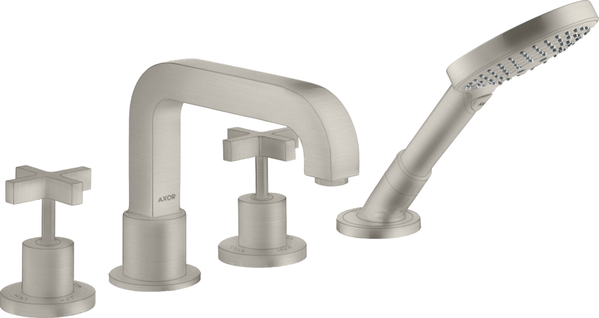 四孔翻边安装浴缸龙头，带十字把手和装饰盖