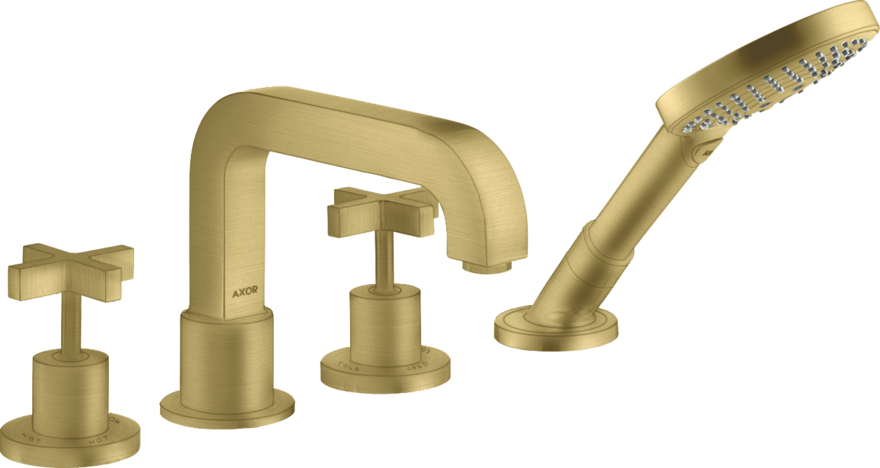 四孔翻边安装浴缸龙头，带十字把手和装饰盖