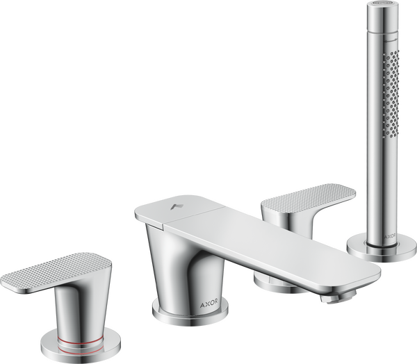 四孔翻边安装浴缸龙头，带立方体切割设计把手