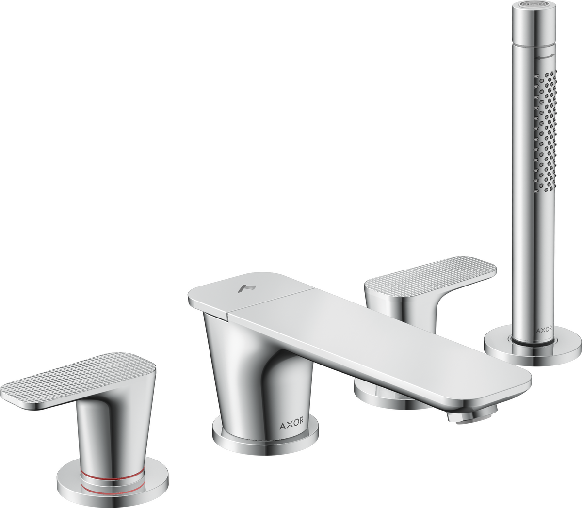 四孔翻边安装浴缸龙头，带立方体切割设计把手