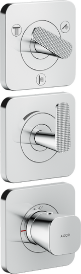 暗装三功能恒温模块 380/120，带装饰盖和立方体切割设计把手