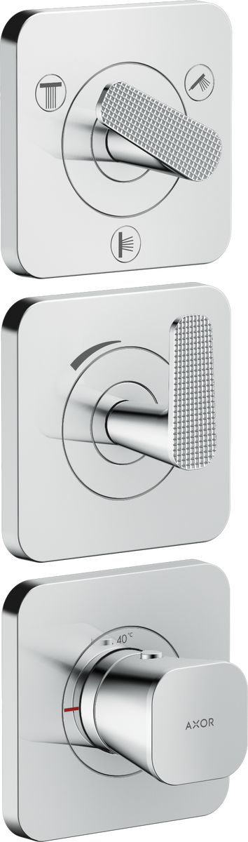 暗装三功能恒温模块 380/120，带装饰盖和立方体切割设计把手