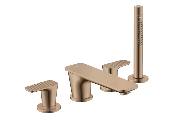 四孔翻边安装浴缸龙头，带立方体切割设计把手