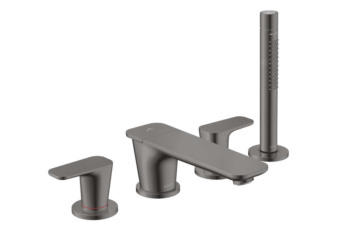 四孔翻边安装浴缸龙头，带立方体切割设计把手