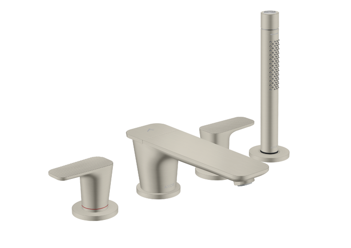 四孔翻边安装浴缸龙头，带立方体切割设计把手