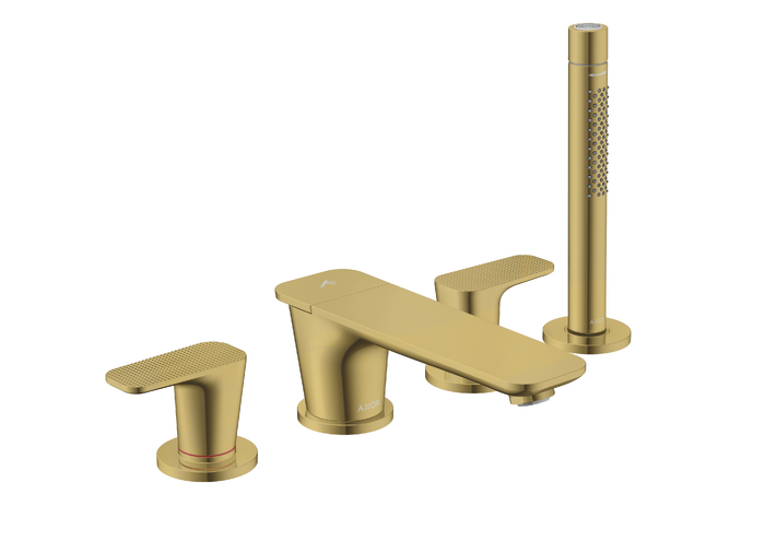 四孔翻边安装浴缸龙头，带立方体切割设计把手